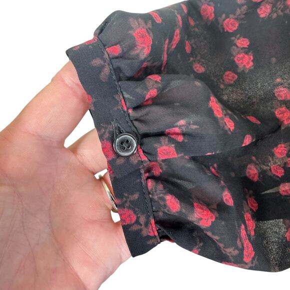 Michael Kors Black Red Rose Print Lined Lightweight Long Sleeve Chiffon Blouse L - Picture 6 of 10